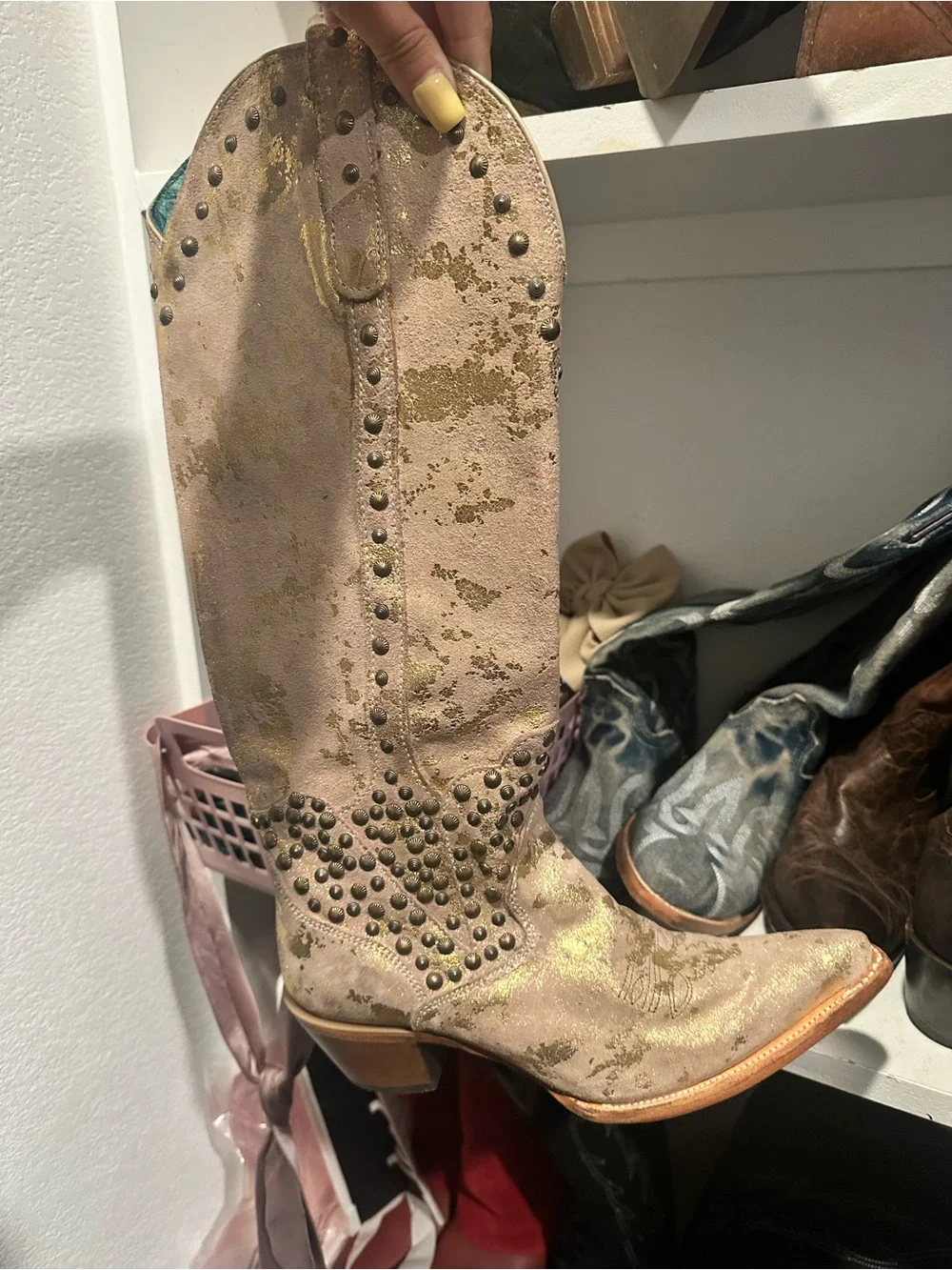 Corral Gold and Taupe Metallic Studded Knee-High Western Boots - Picture 2 of 4